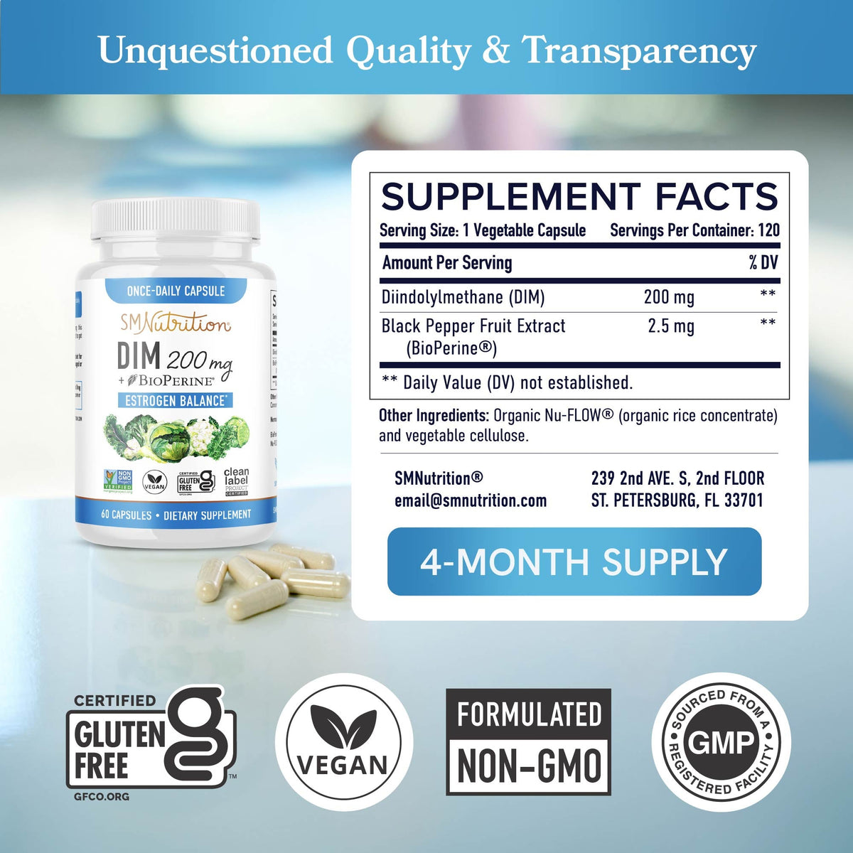 DIM 200mg with BioPerine, 120 Capsules - SMNutrition