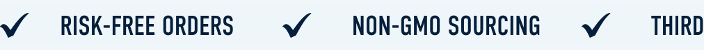 scrolling text banner with the phrases "Third-Party Tested", Non-GMO Sourcing", "CGMP Facilities", and "Risk-Free Orders"