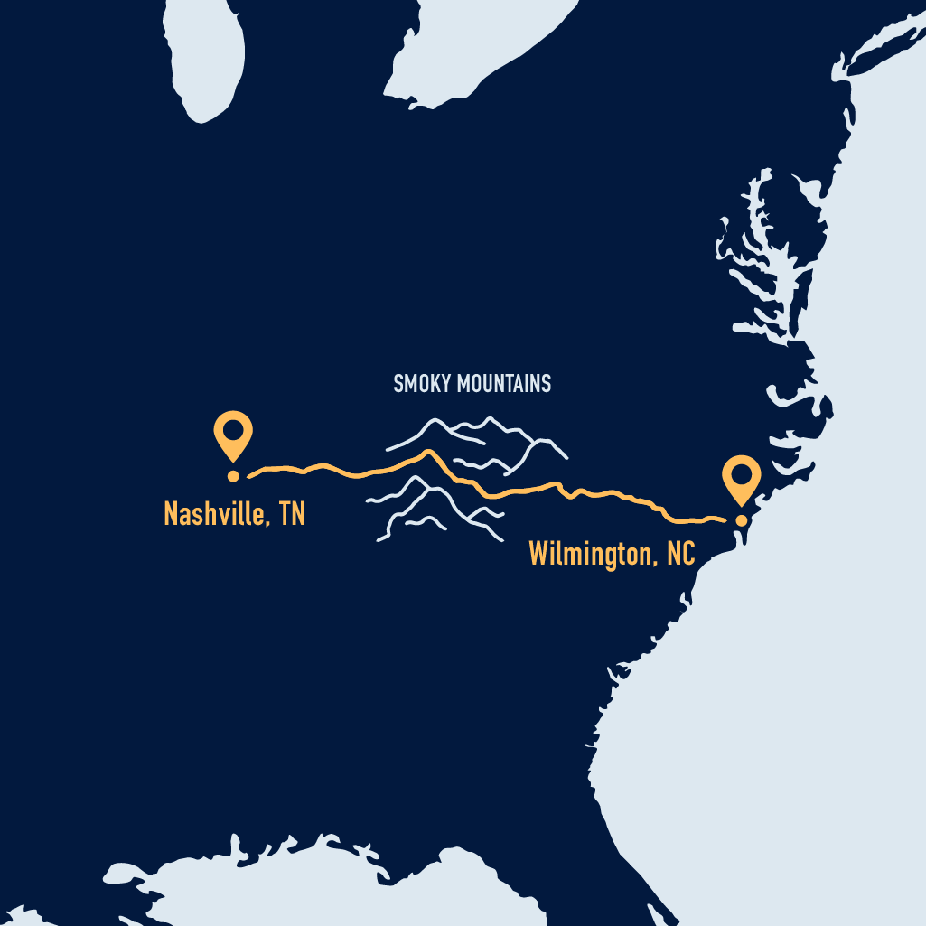graphic showing the east coast of USA, with location markers on Nashville, TN, the Smoky Mountains, and Wilmington, NC connected by a line between