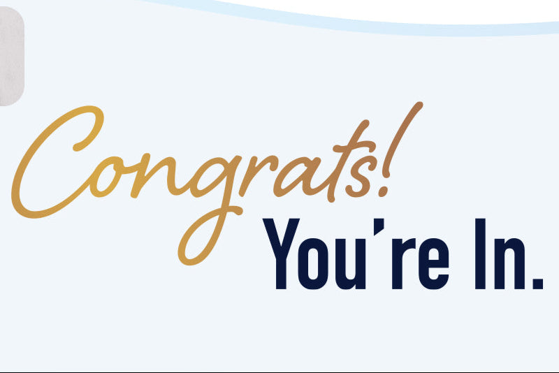 Promotional banner with 'Congrats! You're In.' text and images of people using a product.