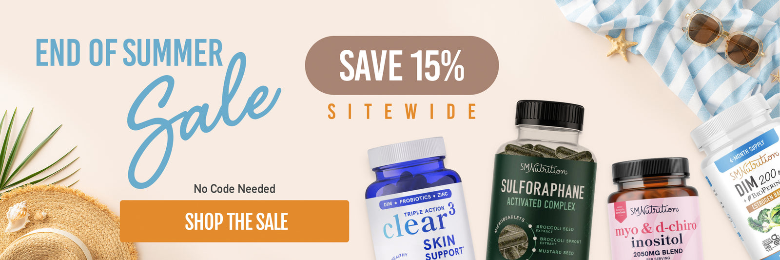 A promotional sale banner for a site-wide discount, featuring several supplement bottles on a light beige background with summer-themed props.