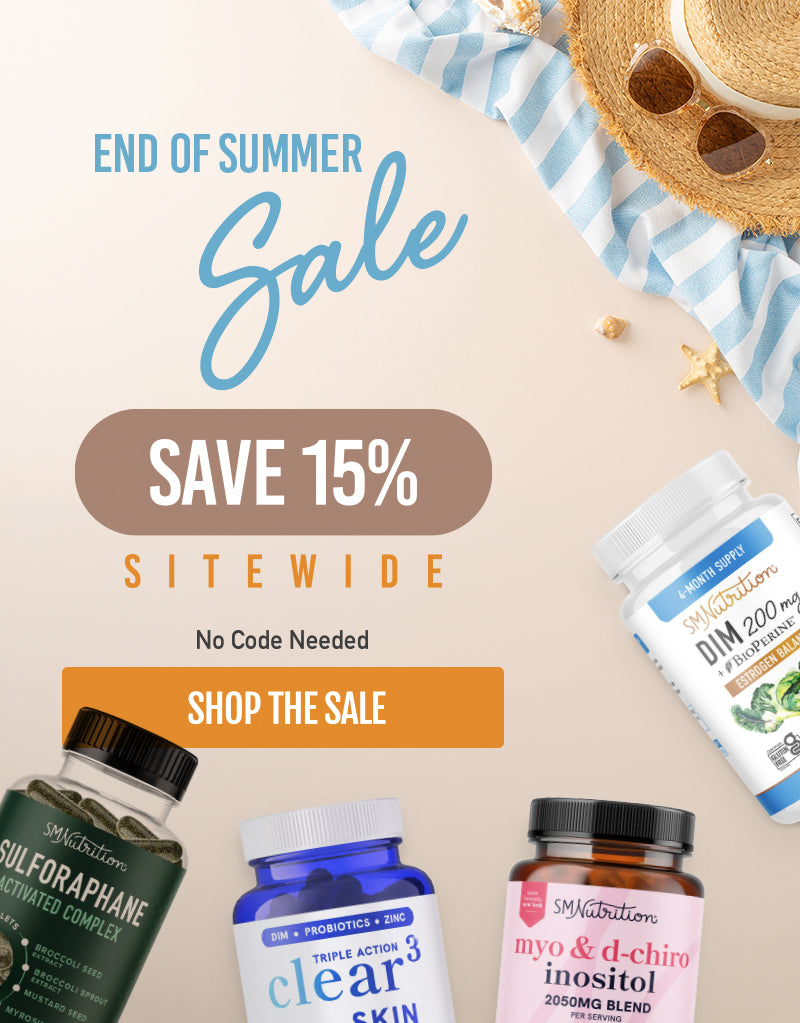 Promotional sale graphic for SMNutrition supplements with text reading 'END OF SUMMER Sale', 'SAVE 15% SITEWIDE', and a 'SHOP THE SALE' CTA, plus several supplement bottles arranged on a beige background with summer themed items.