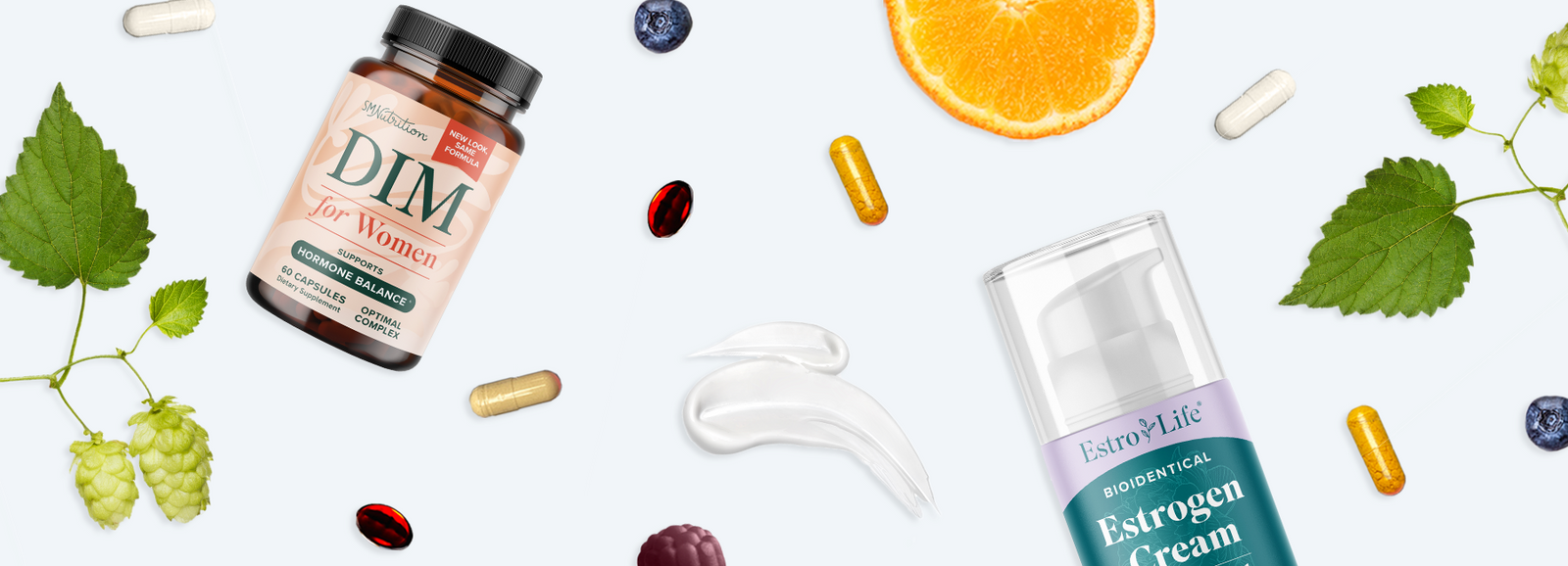 Supplement bottle, cream container, and natural ingredients on a light background