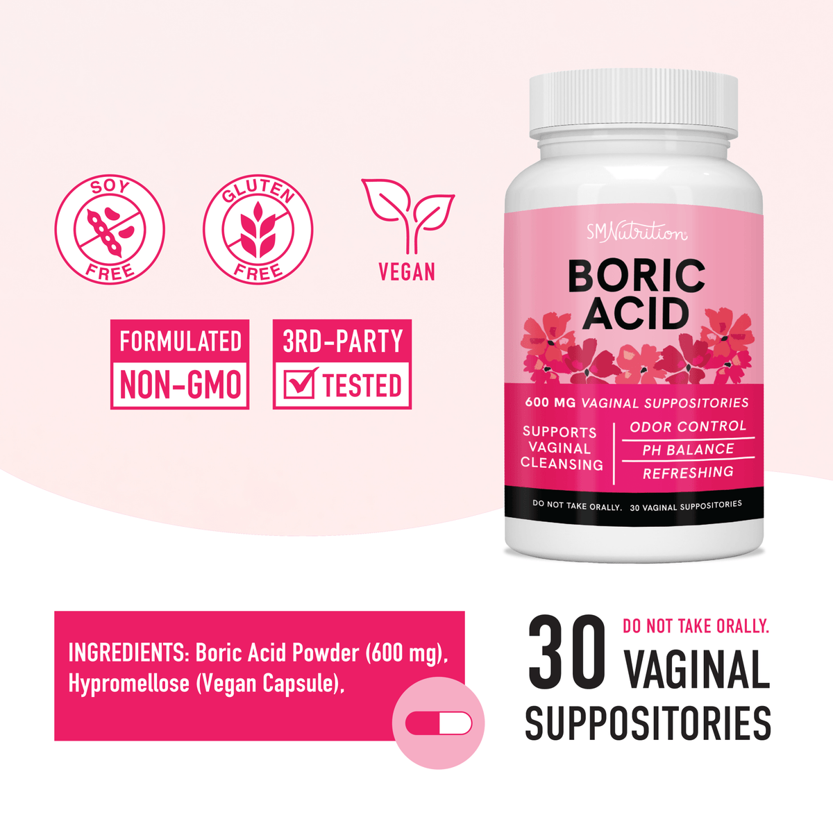 Boric Acid Suppositories, 30 Count - SMNutrition