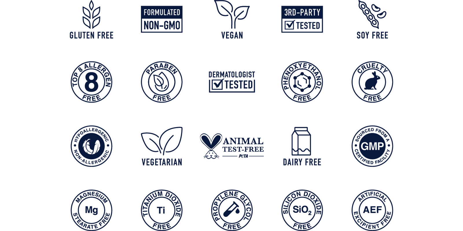 group of individual icons for certifications such as gluten-free, cruelty-free, non-GMO, third-party tested, soy-free, etc.