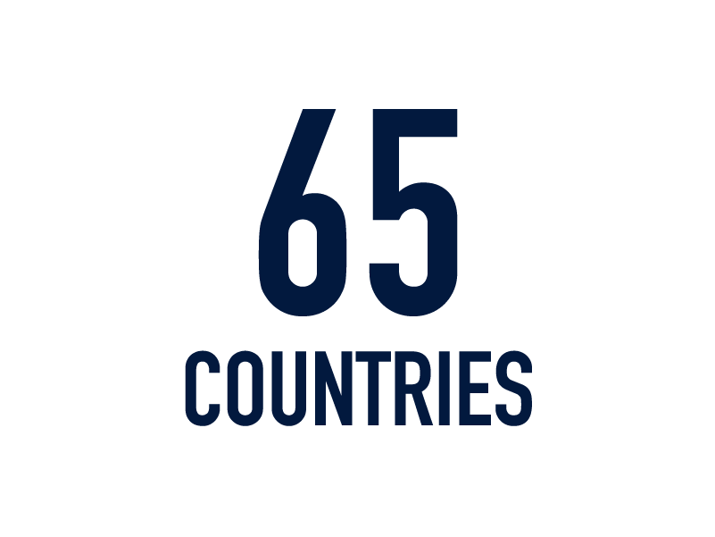 Text '65 Countries' in navy blue on a white background