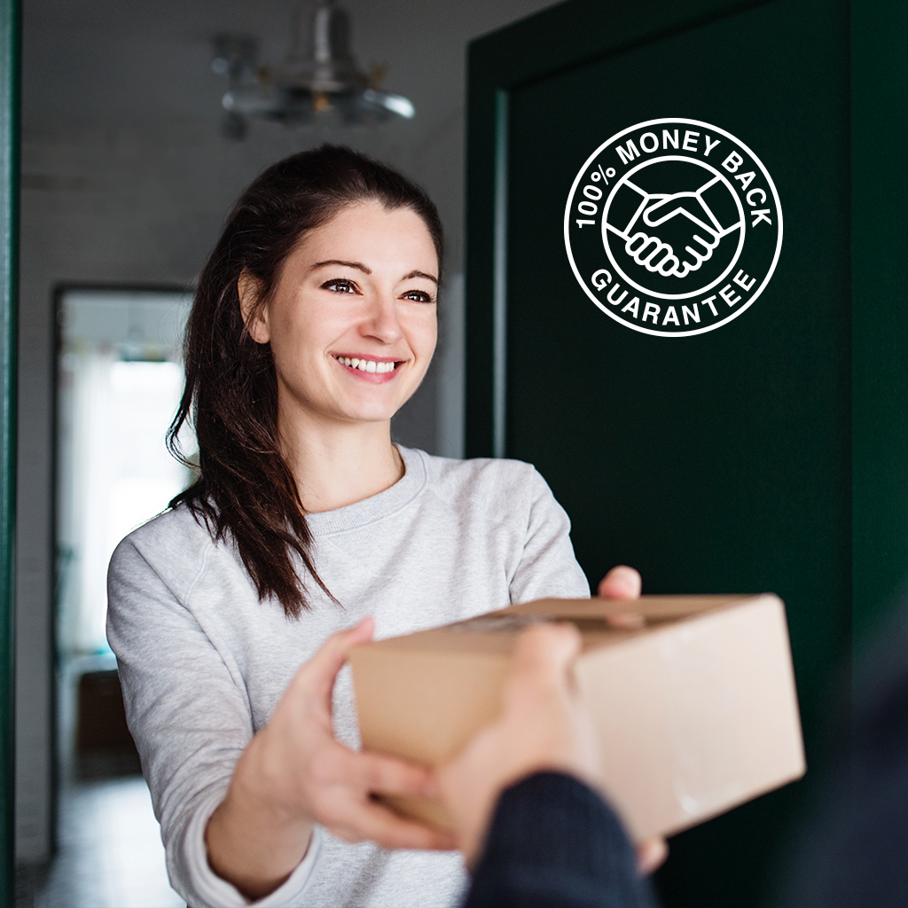 a smiling woman accepts a package delivery at her front door, with an icon that says "100% money back guarantee"